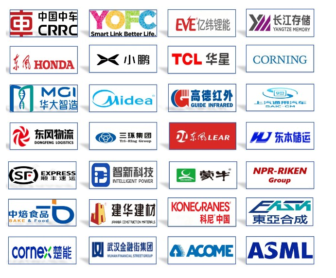 德胜安全部分合作客户 Logo：中国中车、长飞、亿纬锂能、东风本田、小鹏、美的、顺丰等